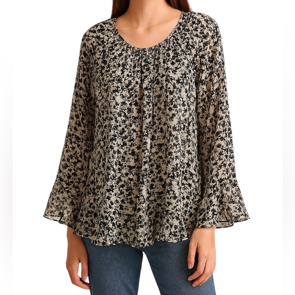 Zara bohemian flowy print blouse ruffle sleeves and hem sheer size M